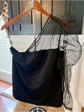 Pre-Loved One-Shoulder Black Top with Sheer Mesh Sleeve
